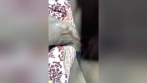 Indian girl touches his hairy pussy and handjob on the bed