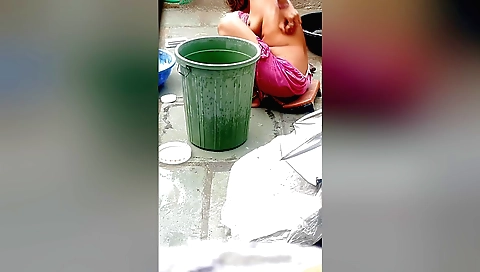 Amateur stepmom and stepdaughter bathing in the public