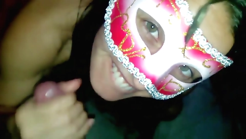 My brunette wife is doing deep throat in my home party