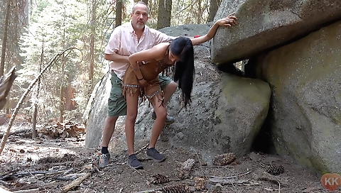 Brunette bitches with a hot guy fuck like an idiot outdoor