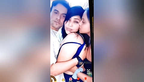 Busty brunette with big boobs is on top of two men