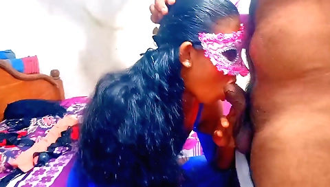 Brunette Indian hottie deep throats her husband's cock