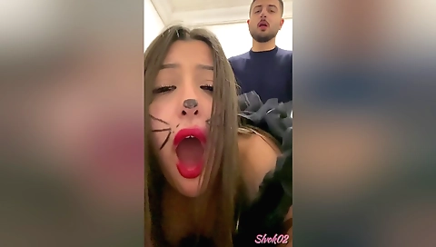 Blonde stepsis is in front of you in webcam sex scene