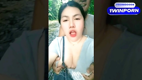 Indian chick with small boobies riding a big dick outdoors