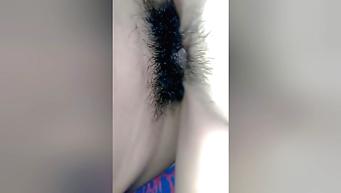 Hairy wife in the office is playing with her husband