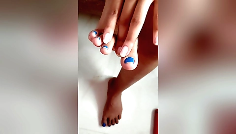 My hot girlfriend touches my feet in her private solo video