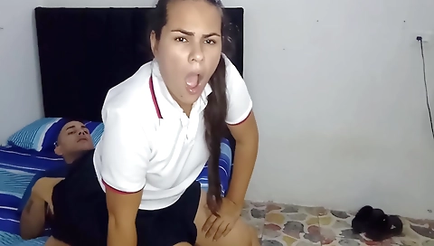 Brunette takes off clothes in a bedroom for her stepfather