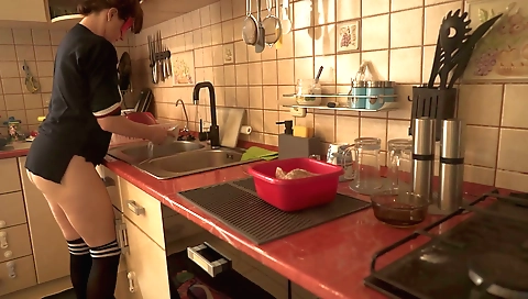 Big-boobies and sexy lingerie show off in the kitchen
