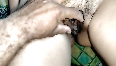 Slutty woman with a big tummy masturbates her husband
