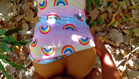 Brunette gets fucked by a man outdoors in a hot view